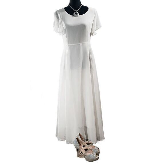 Dongzhou Yali Sheer White Flowy Chiffon Romantic Beach  Gown Dress Size L - Picture 6 of 6